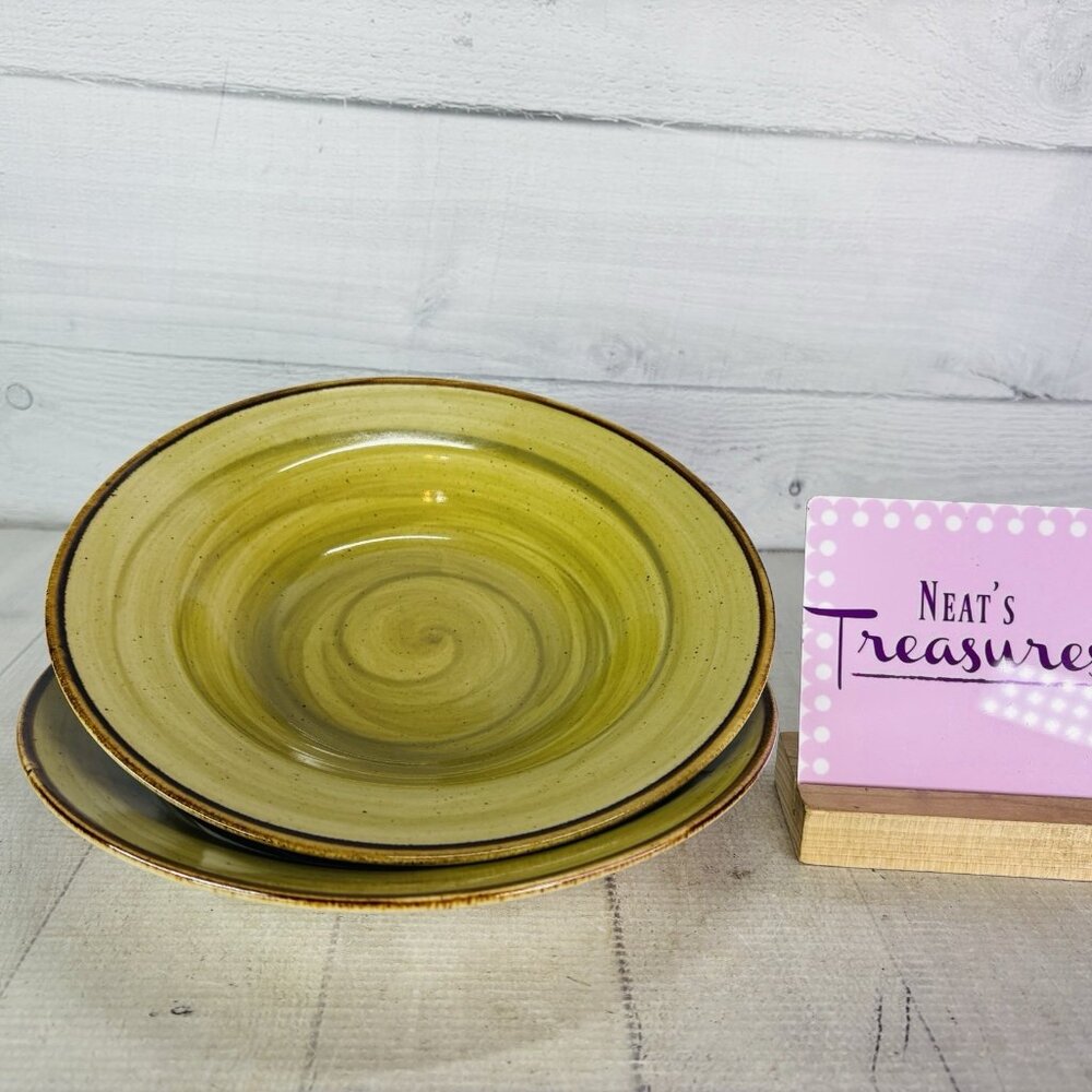 Thomson Pottery Green Swirl Speckle Brown Large Rim Soup Pasta Bowl Set 2